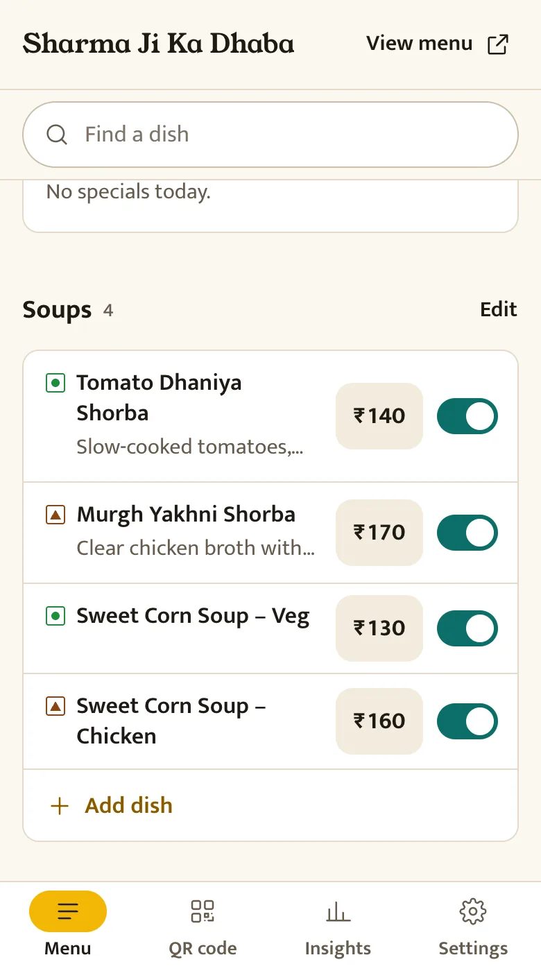 The Slatemenu menu editor on a phone, with a search box, today’s specials and dishes with their prices and on/off switches.