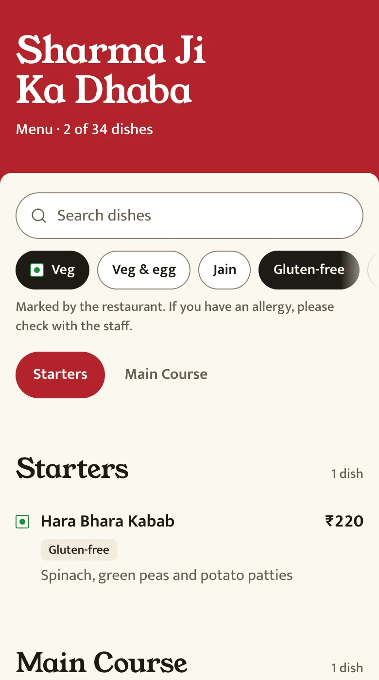 A Slatemenu menu on a phone with the Veg and Gluten-free filters switched on, showing only matching dishes.