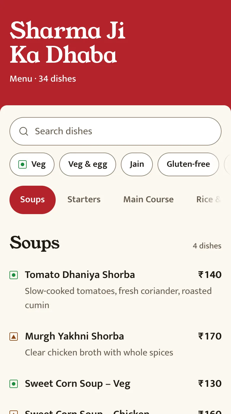 The diner menu on a phone, showing the restaurant name, a search box, a veg-only filter, section tabs and dishes with prices.