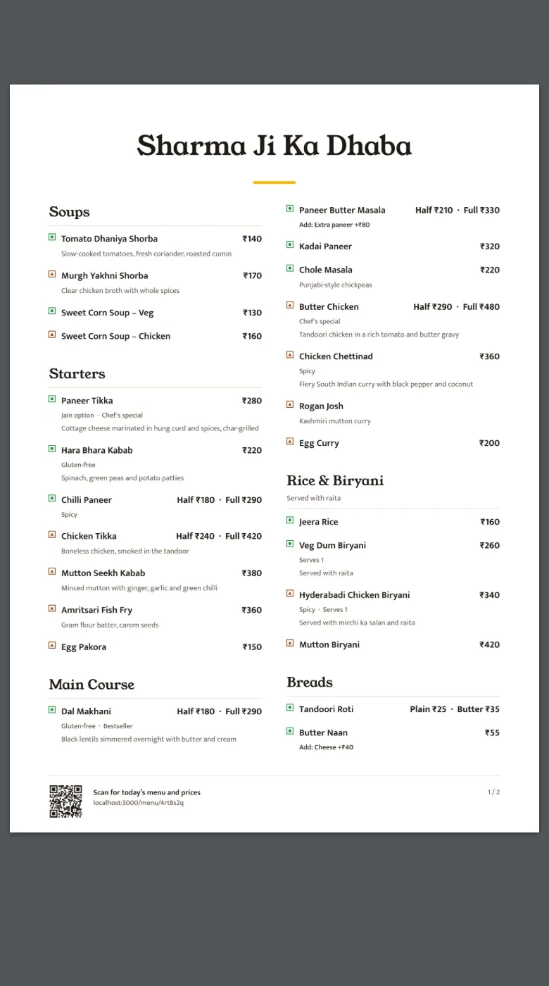 A printed restaurant menu opened as a PDF on a phone. The prices are too small to read without zooming.