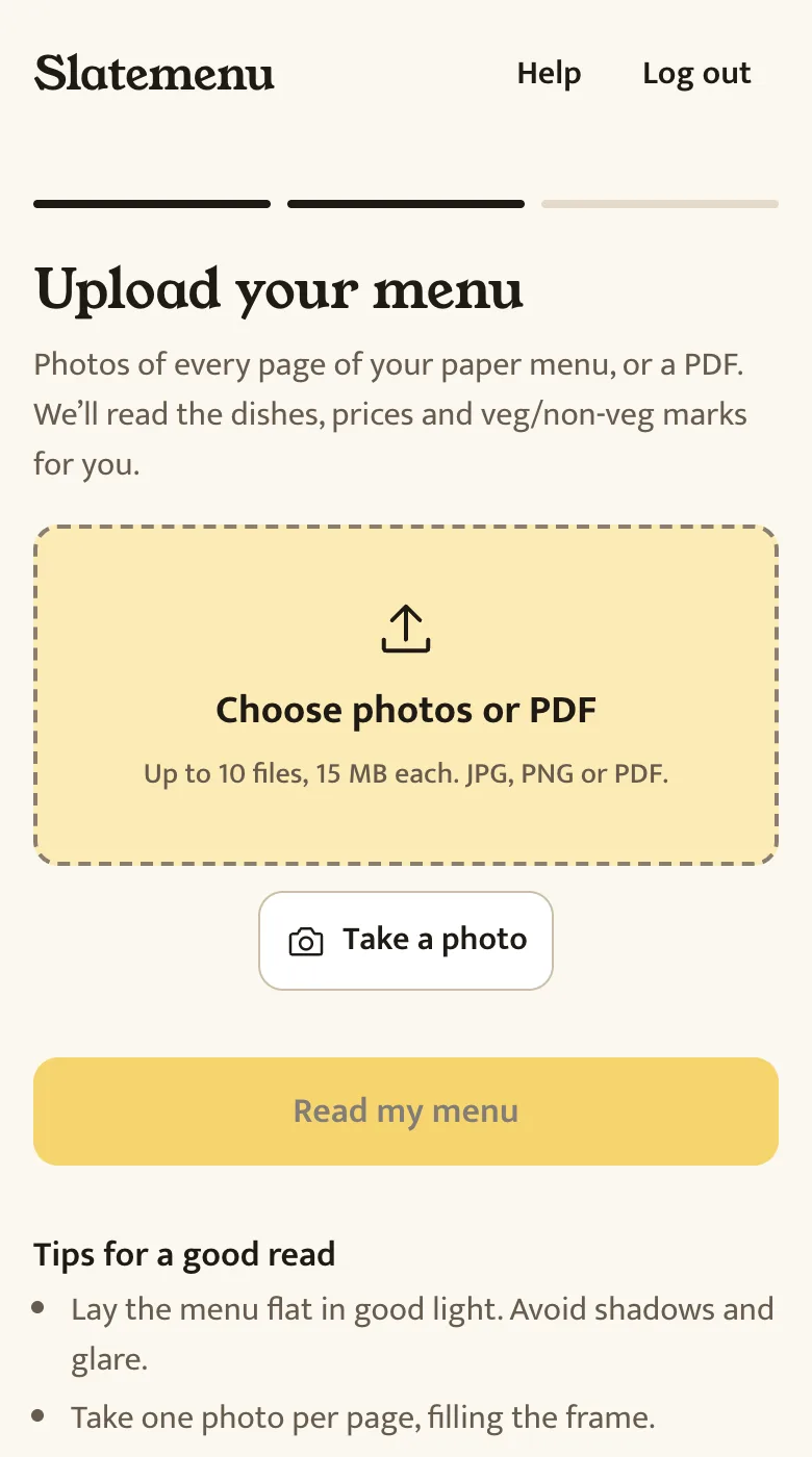 The Slatemenu upload screen on a phone, with a button to choose photos or a PDF and a button to take a photo.